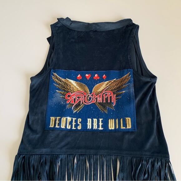 Via Penny Lane Reworked Apparel | Aerosmith Vegas Tour Navy Suede Fringe Vest XS - Picture 7 of 9
